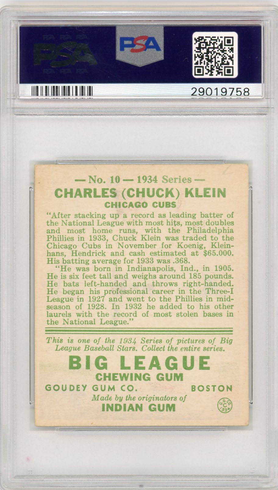 1934 Goudey Chuck Klein #10 PSA 5
