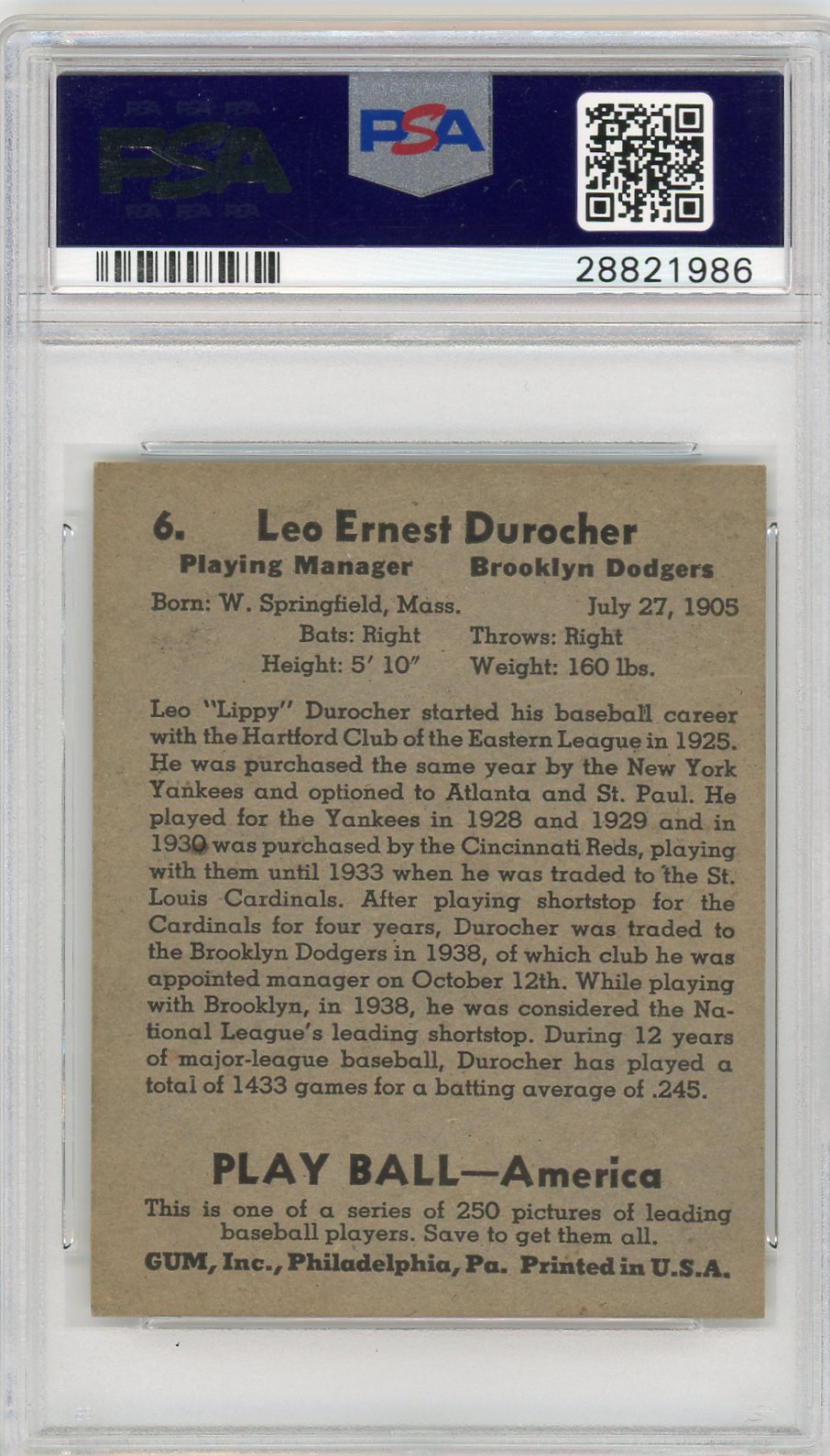 1939 Play Ball Leo Durocher #6 PSA 6