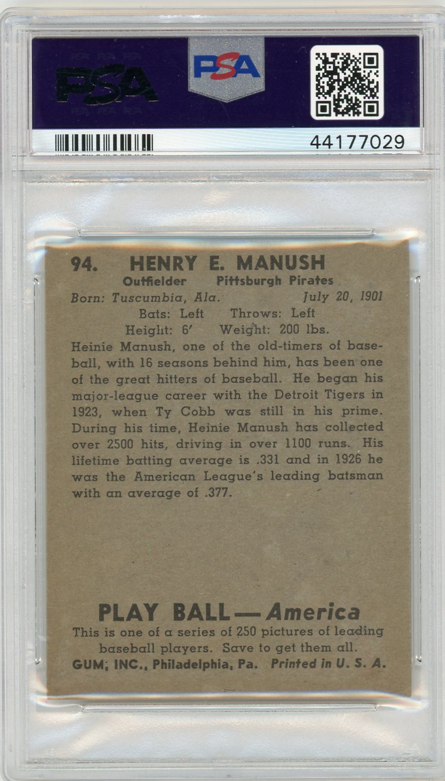 1939 Play Ball Heinie Manush #94 PSA 4