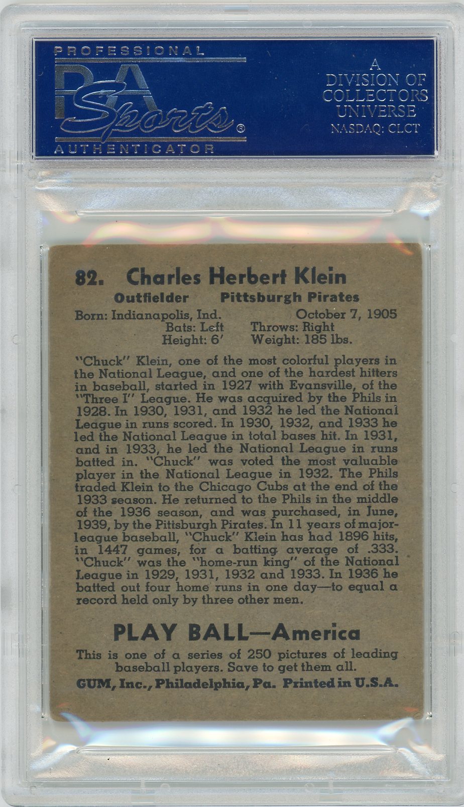 1939 Play Ball Charles Klein #82 PSA 5