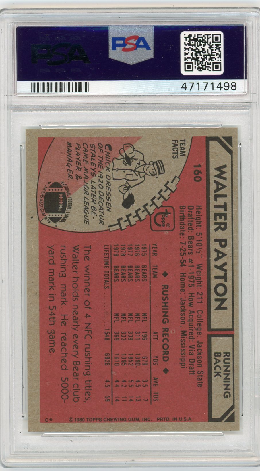 1980 Topps Walter Payton #160 All Pro PSA 9