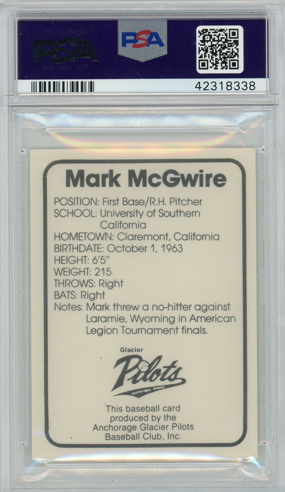 1982 Anchorage Glacier Pilot '1982' Mark Mcgwire Pilots PSA 9