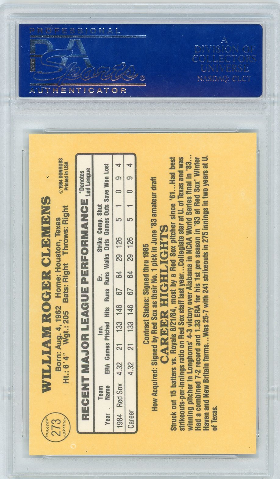 1985 Donruss Roger Clemens #273 PSA 9