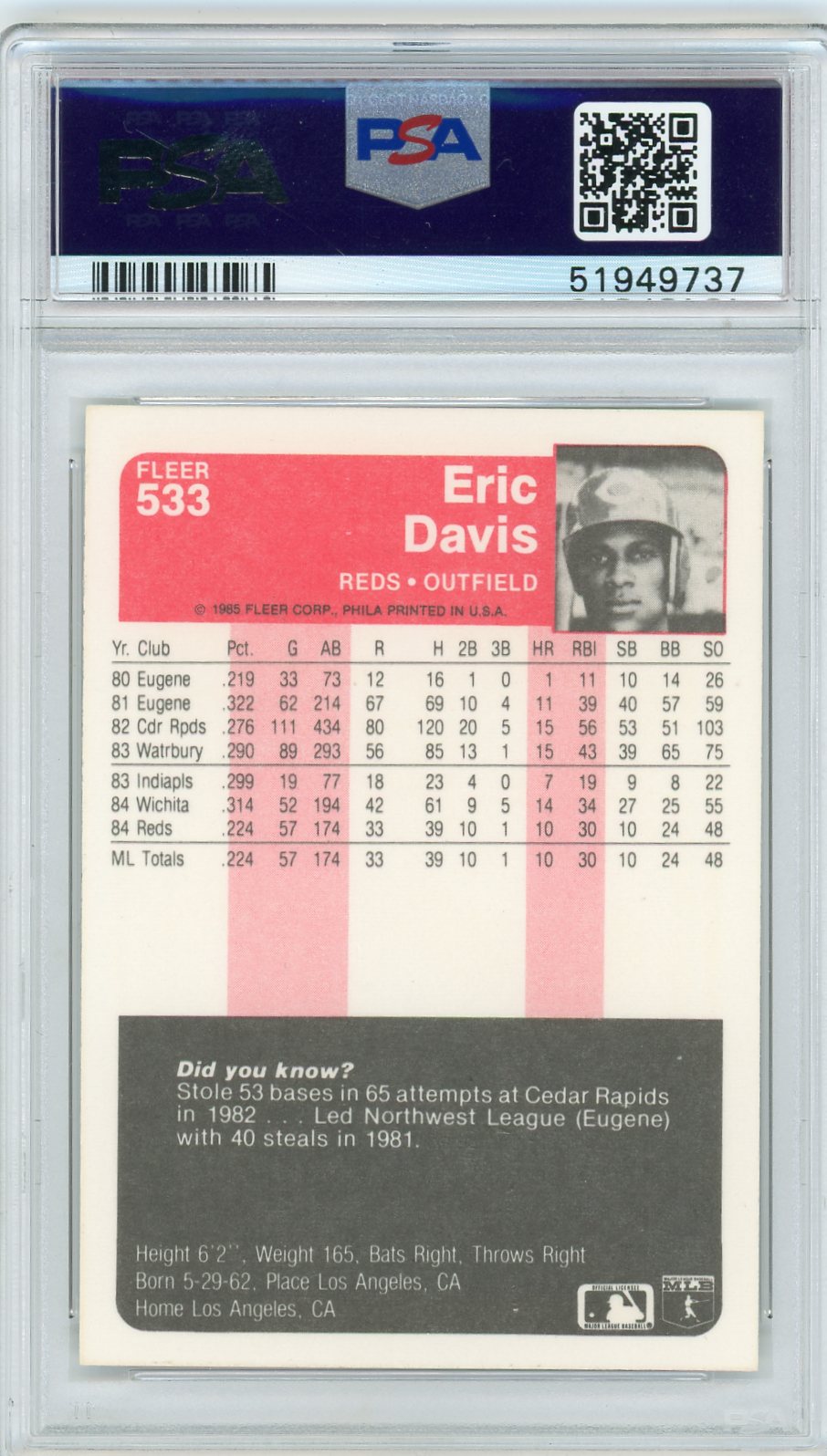 1985 Fleer Eric Davis #533 PSA 9