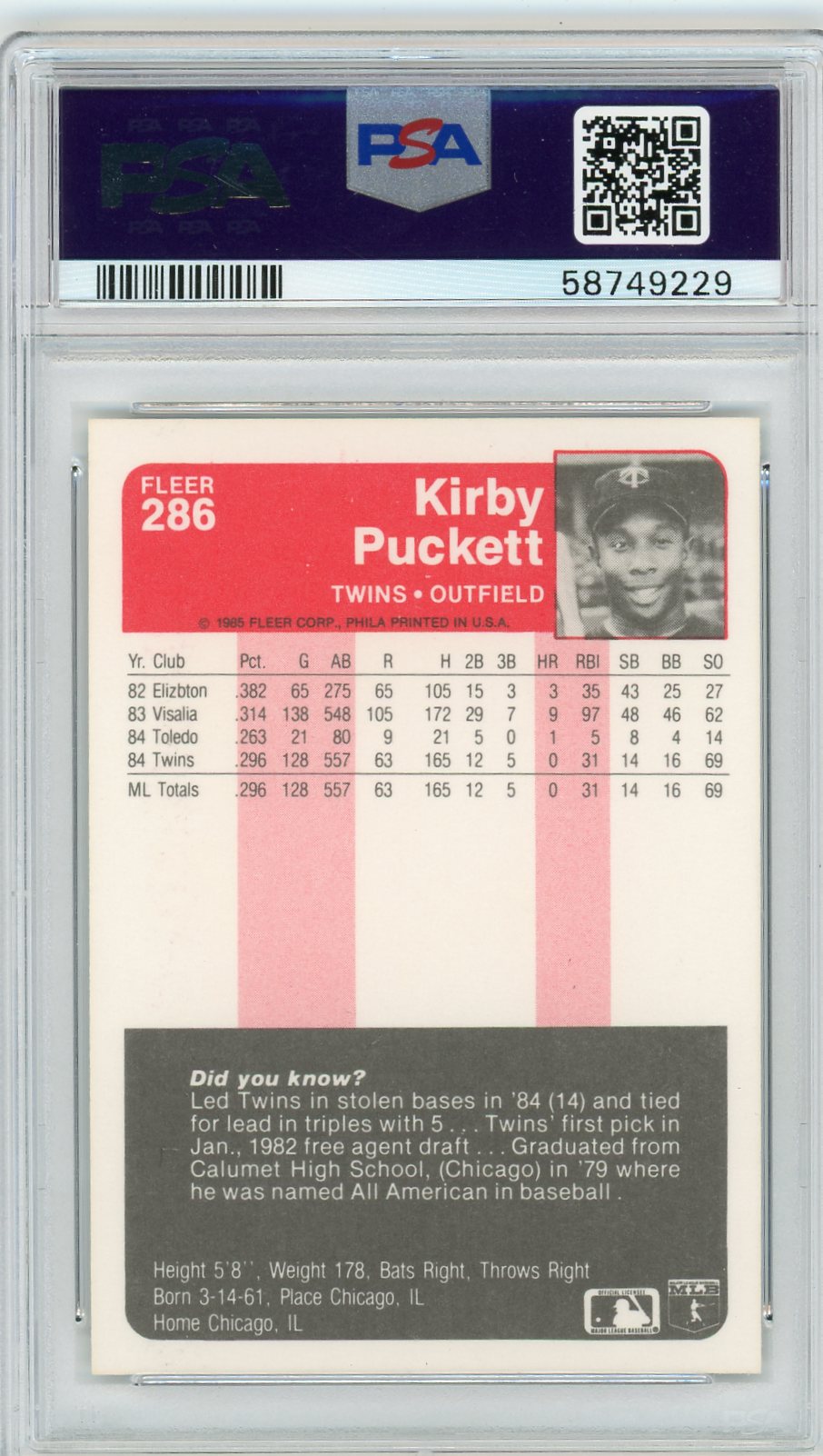1985 Fleer Kirby Puckett #286 PSA 9