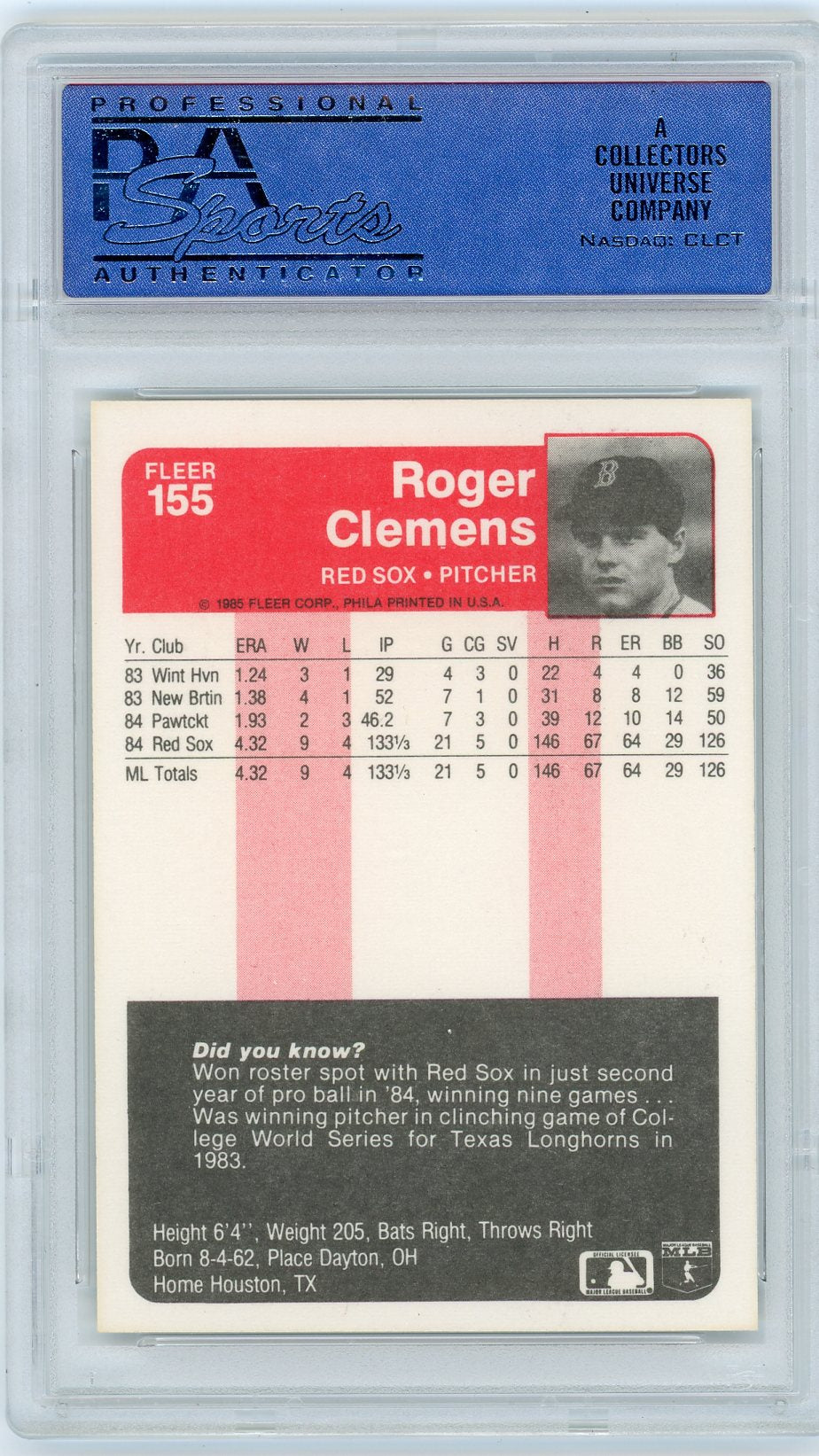 1985 Fleer Roger Clemens #155 PSA 9