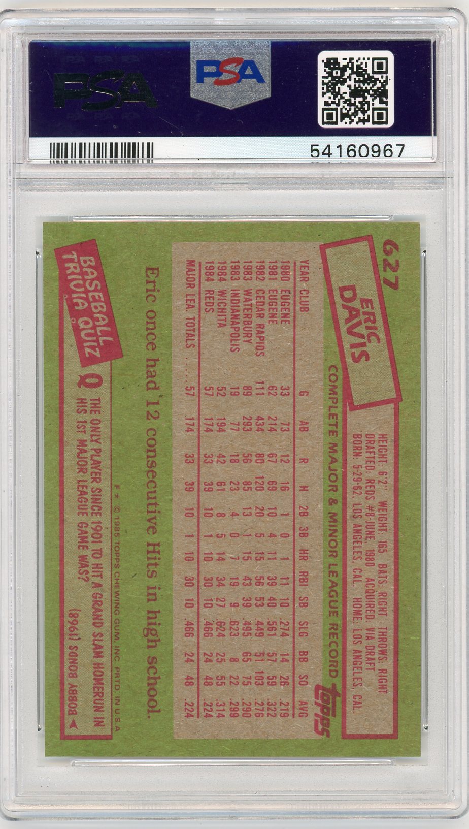 1985 Topps Eric Davis #627 PSA 9