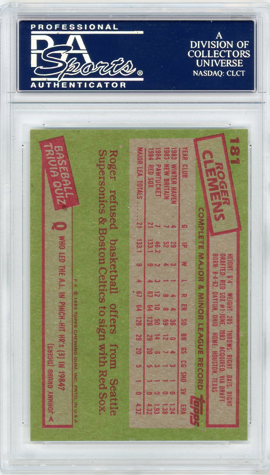 1985 Topps Roger Clemens #181 PSA 9