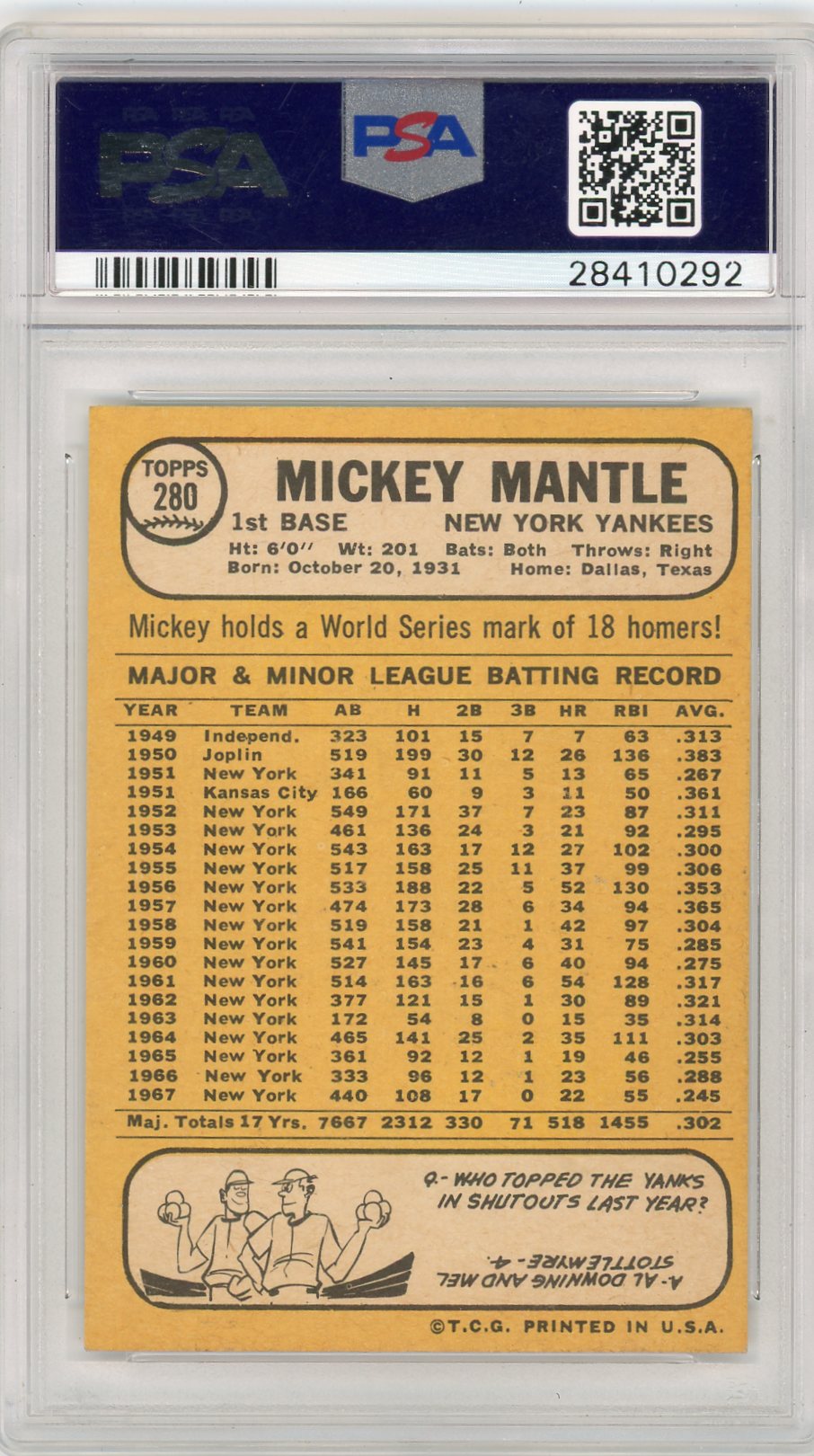 1968 Topps Mickey Mantle #280 PSA 3