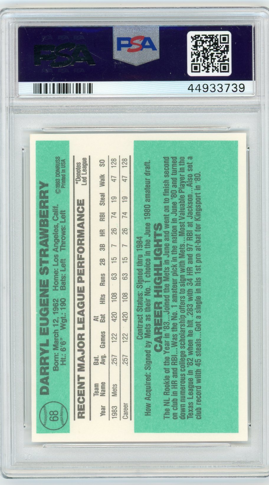 1984 Donruss Darryl Strawberry #68 PSA 10