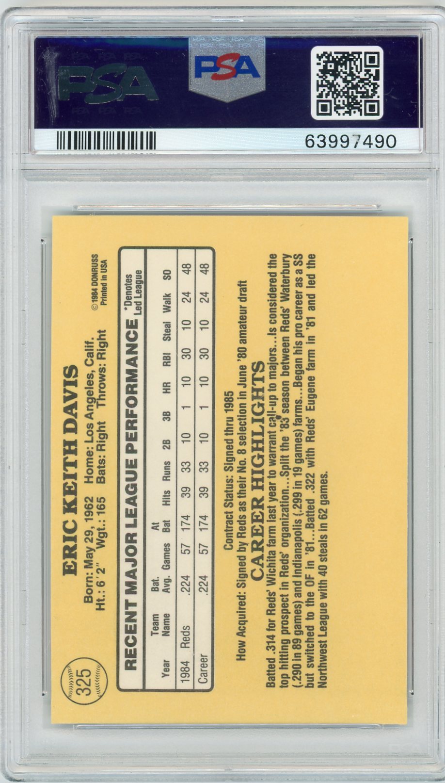 1985 Donruss Eric Davis #325 PSA 10