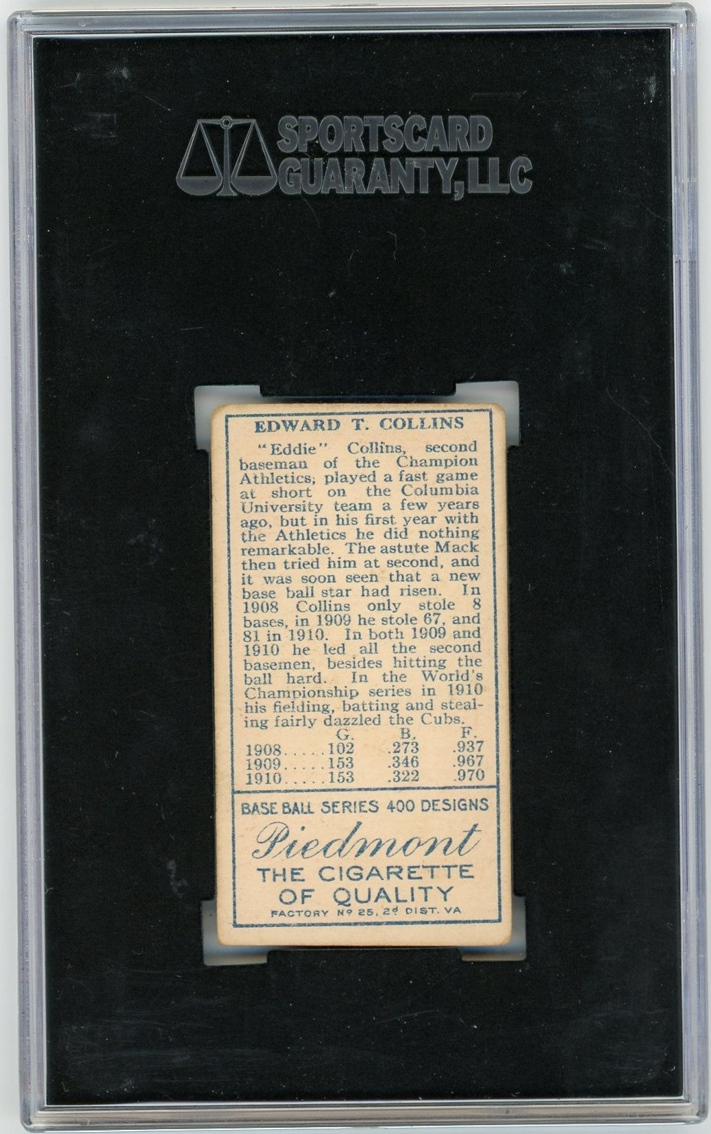 1911 Piedmont Cigarettes (T205) Eddie Collins Mouth Closed SGC 4