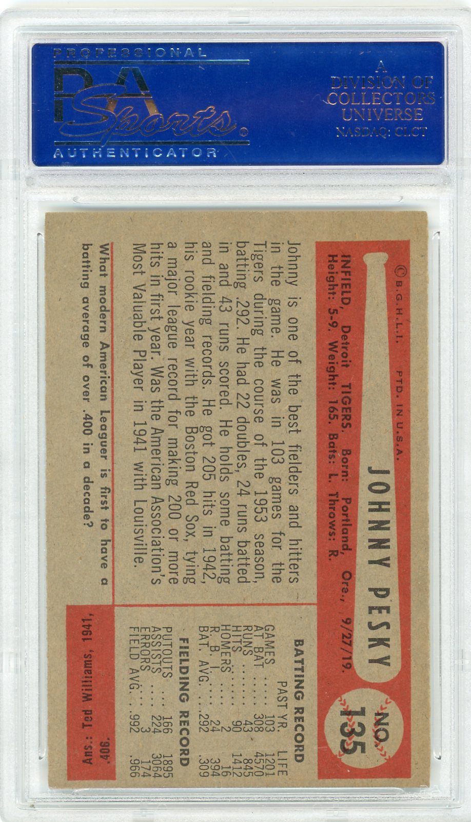 1954 Bowman Johnny Pesky #135 PSA 7
