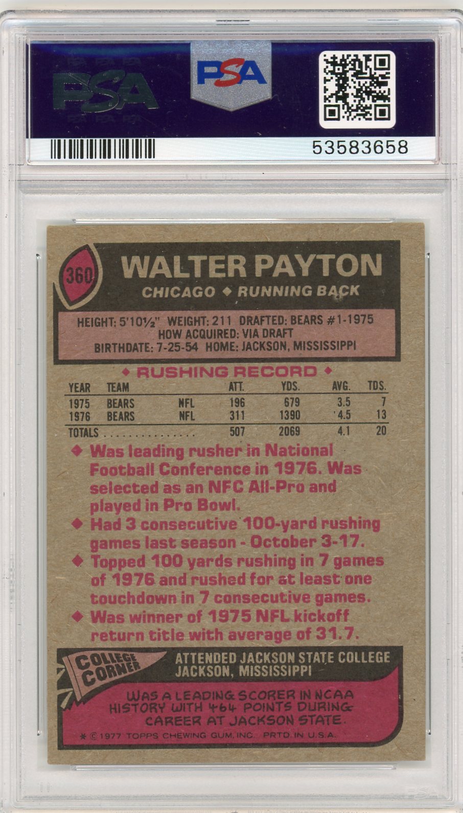 1977 Topps Walter Payton #360 All Pro PSA 5