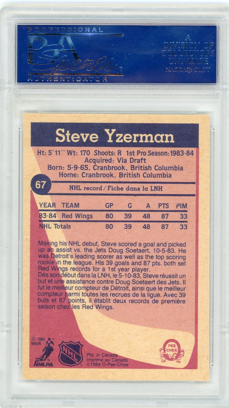 1984 O-Pee-Chee Steve Yzerman #67 PSA 8