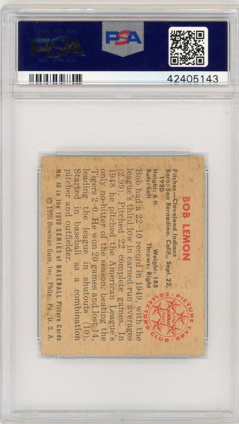 1950 Bowman Bob Lemon #40 PSA 6