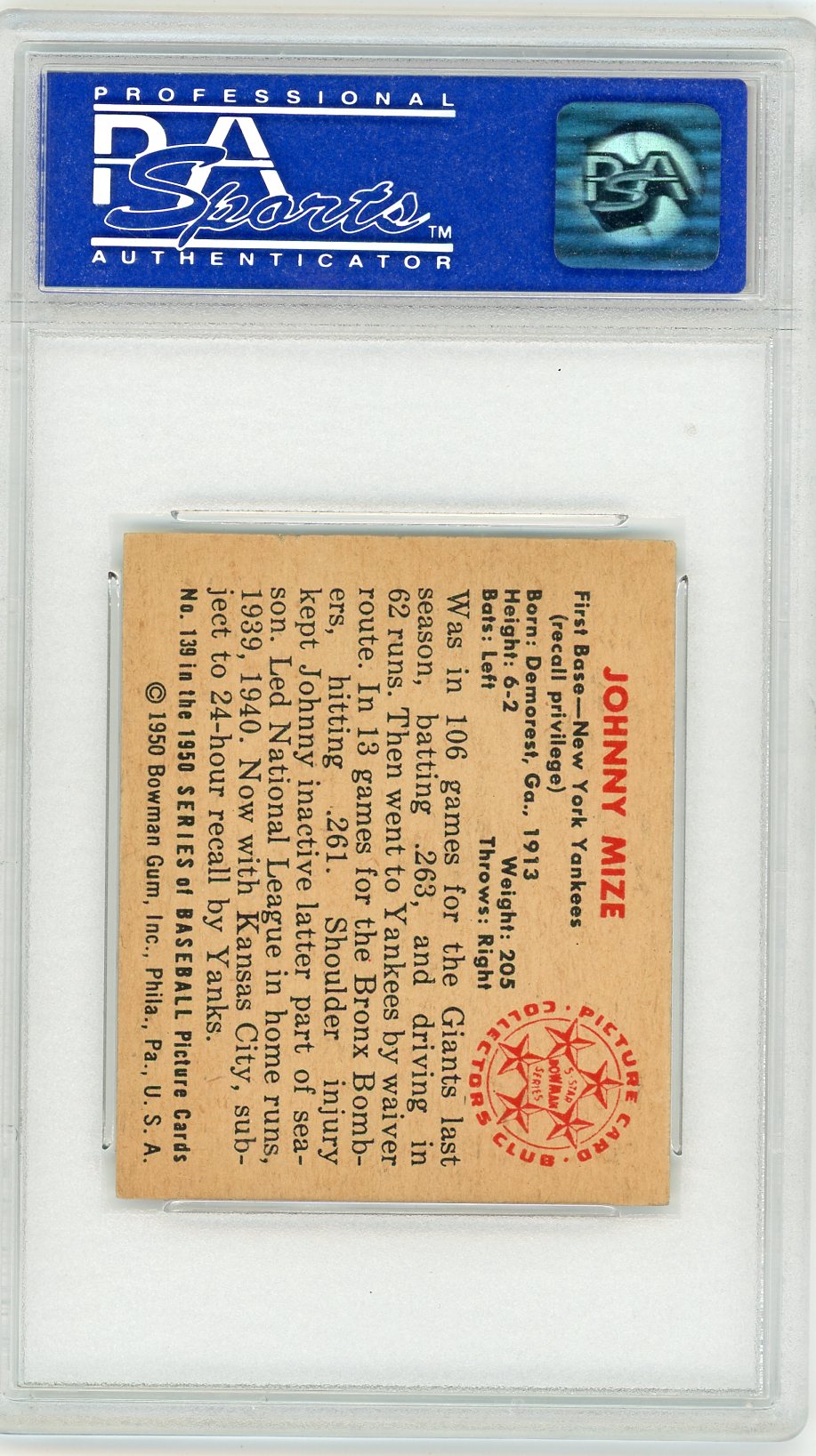 1950 Bowman Johnny Mize #139 PSA 7