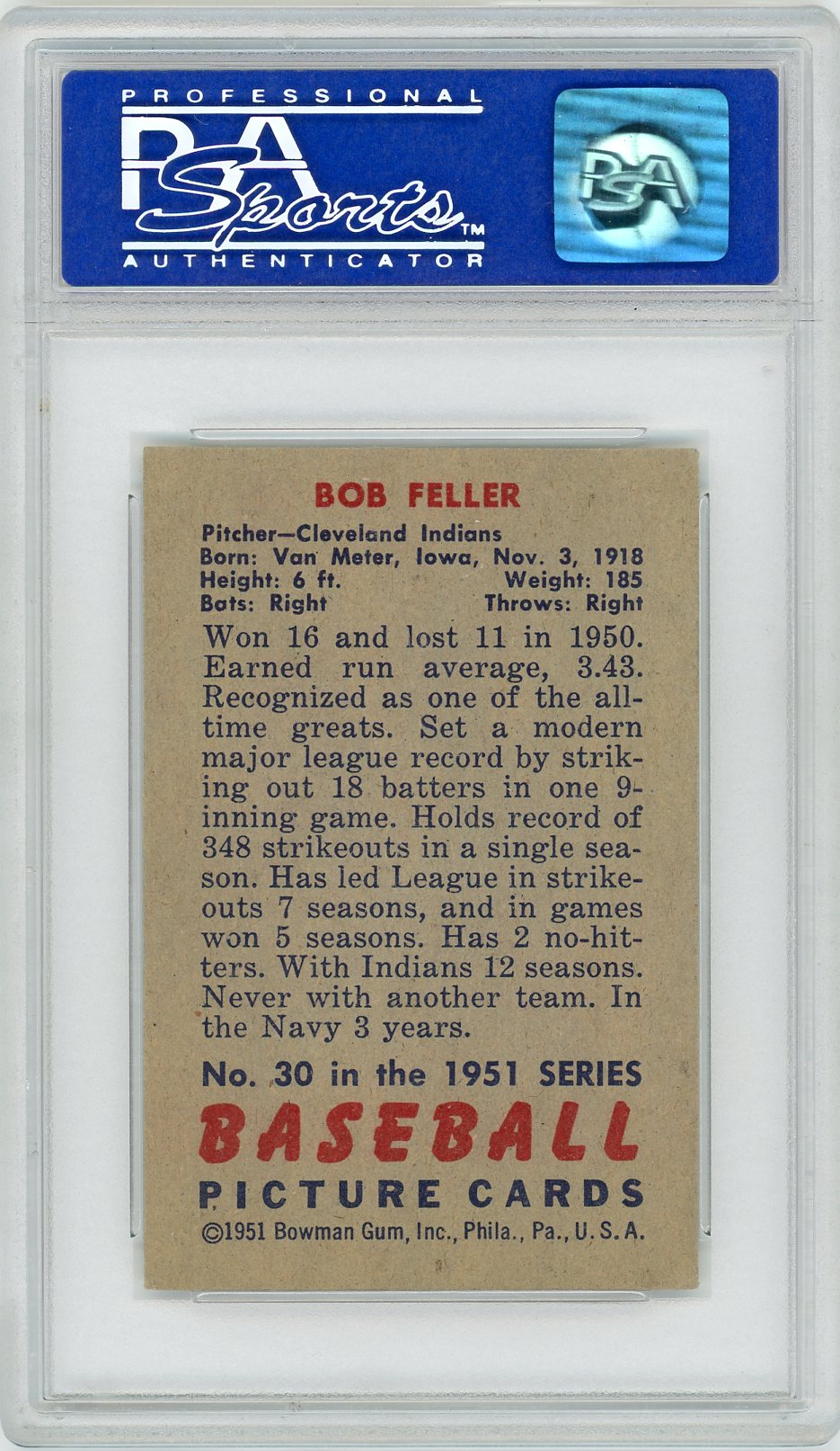 1951 Bowman Bob Feller #30 PSA 6