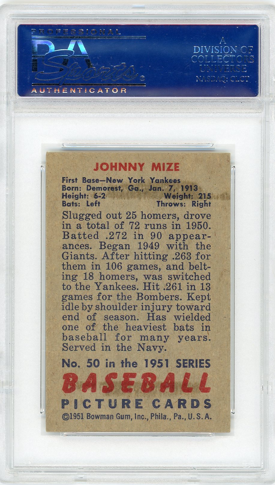 1951 Bowman Johnny Mize #50 PSA 6