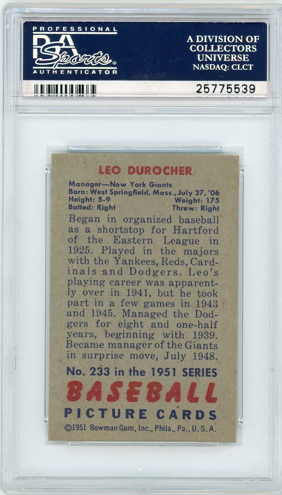 1951 Bowman Leo Durocher #233 PSA 8