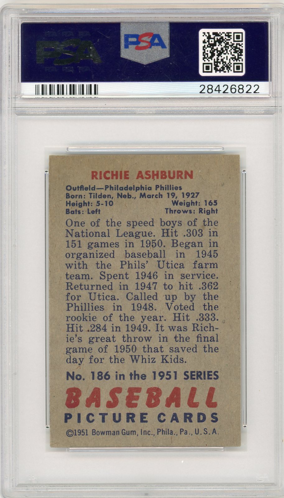 1951 Bowman Richie Ashburn #186 PSA 7
