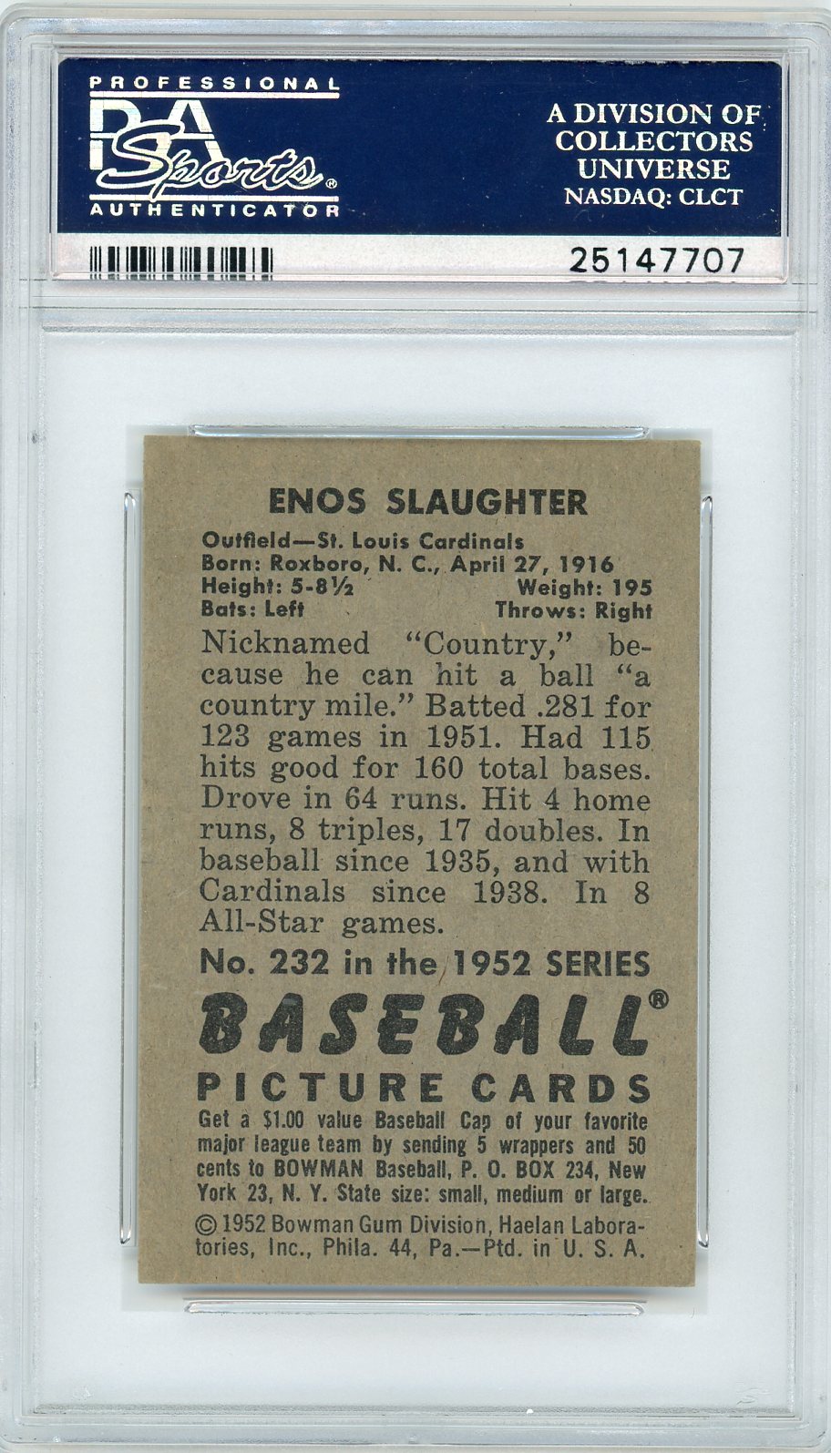 1952 Bowman Enos Slaughter #232 PSA 7
