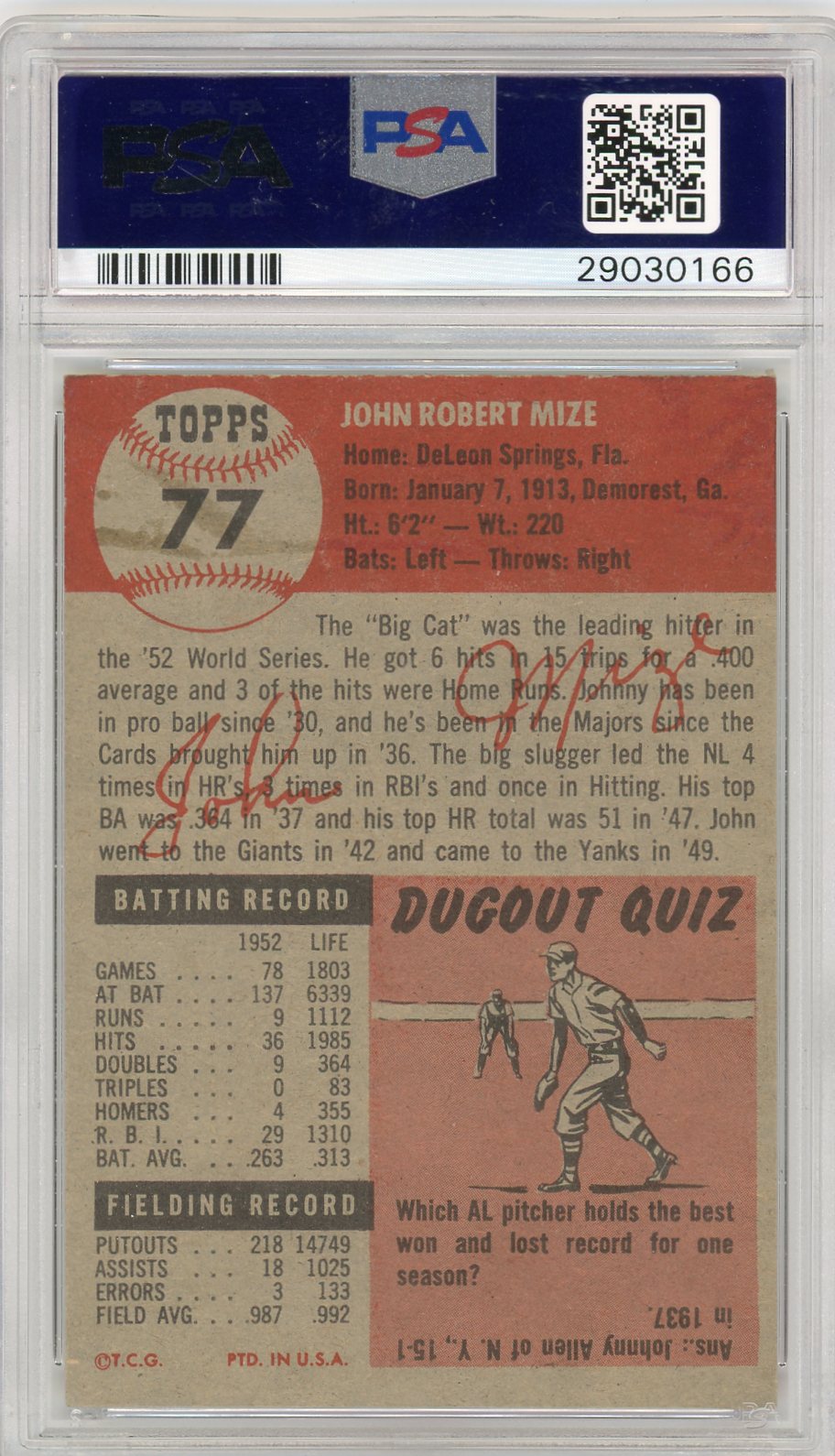 1953 Topps John Mize #77 PSA 6