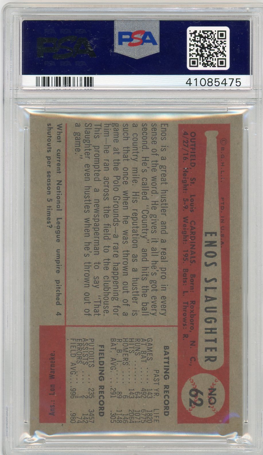 1954 Bowman Enos Slaughter #62 PSA 8
