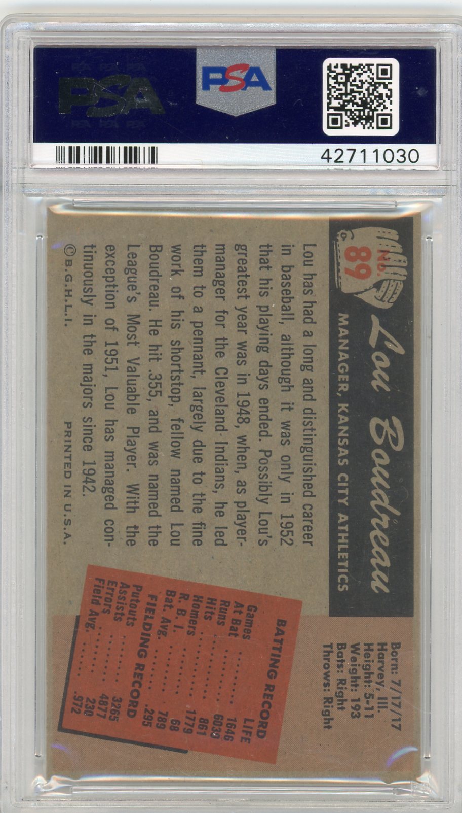 1955 Bowman Lou Boudreau #89 PSA 7