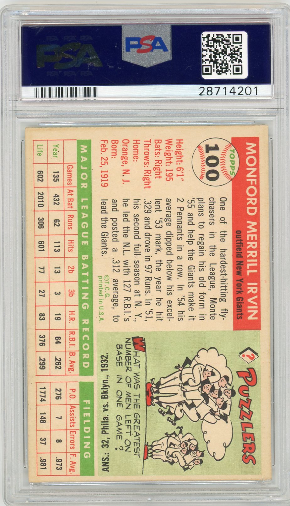 1955 Topps Monte Irvin #100 PSA 6
