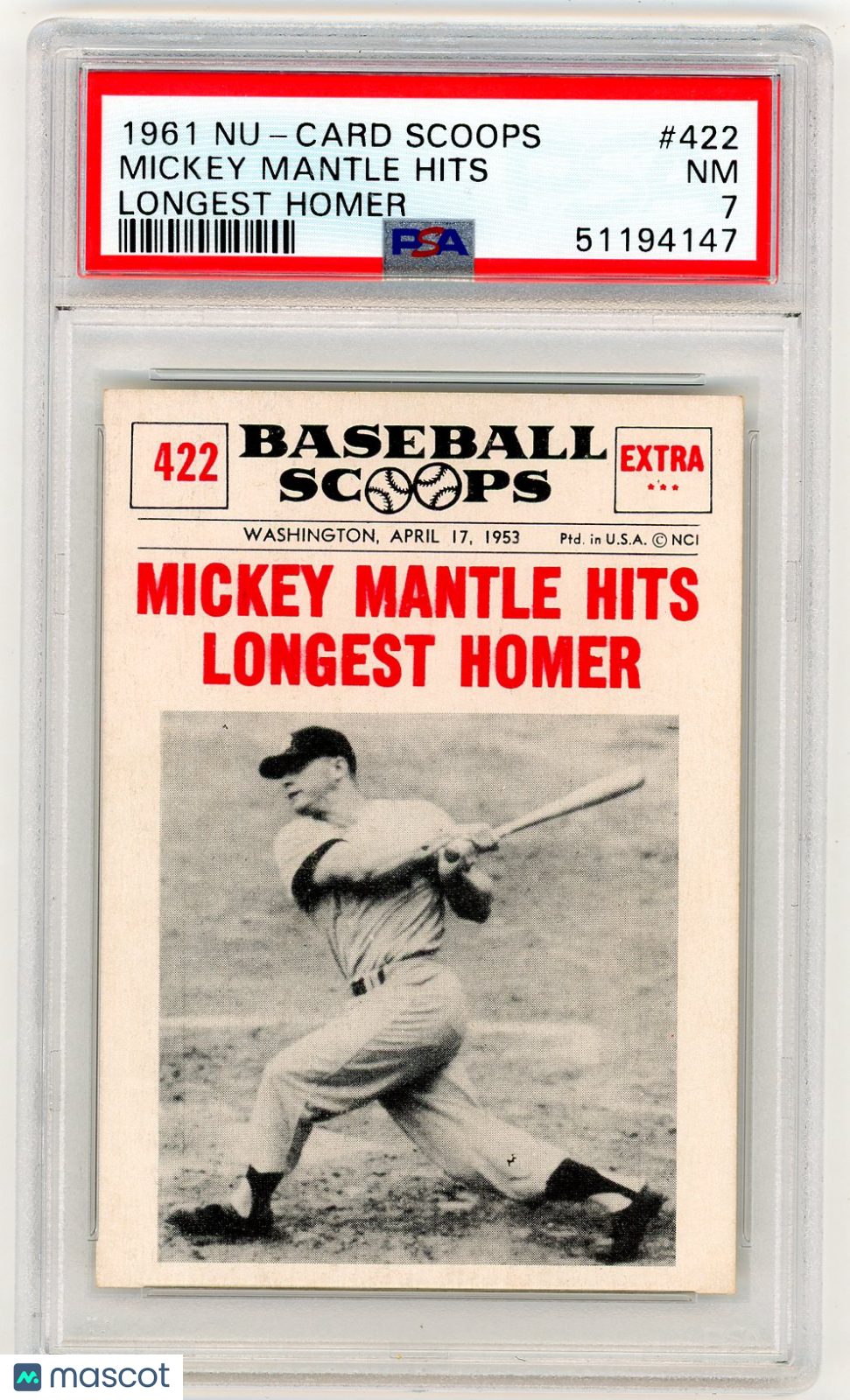 1961 Nu-Card Scoops Mickey Mantle Hits #422 Longest Homer PSA 7