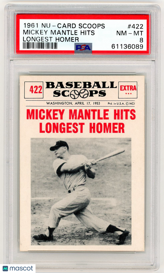 1961 Nu-Card Scoops Mickey Mantle Hits #422 Longest Homer PSA 8