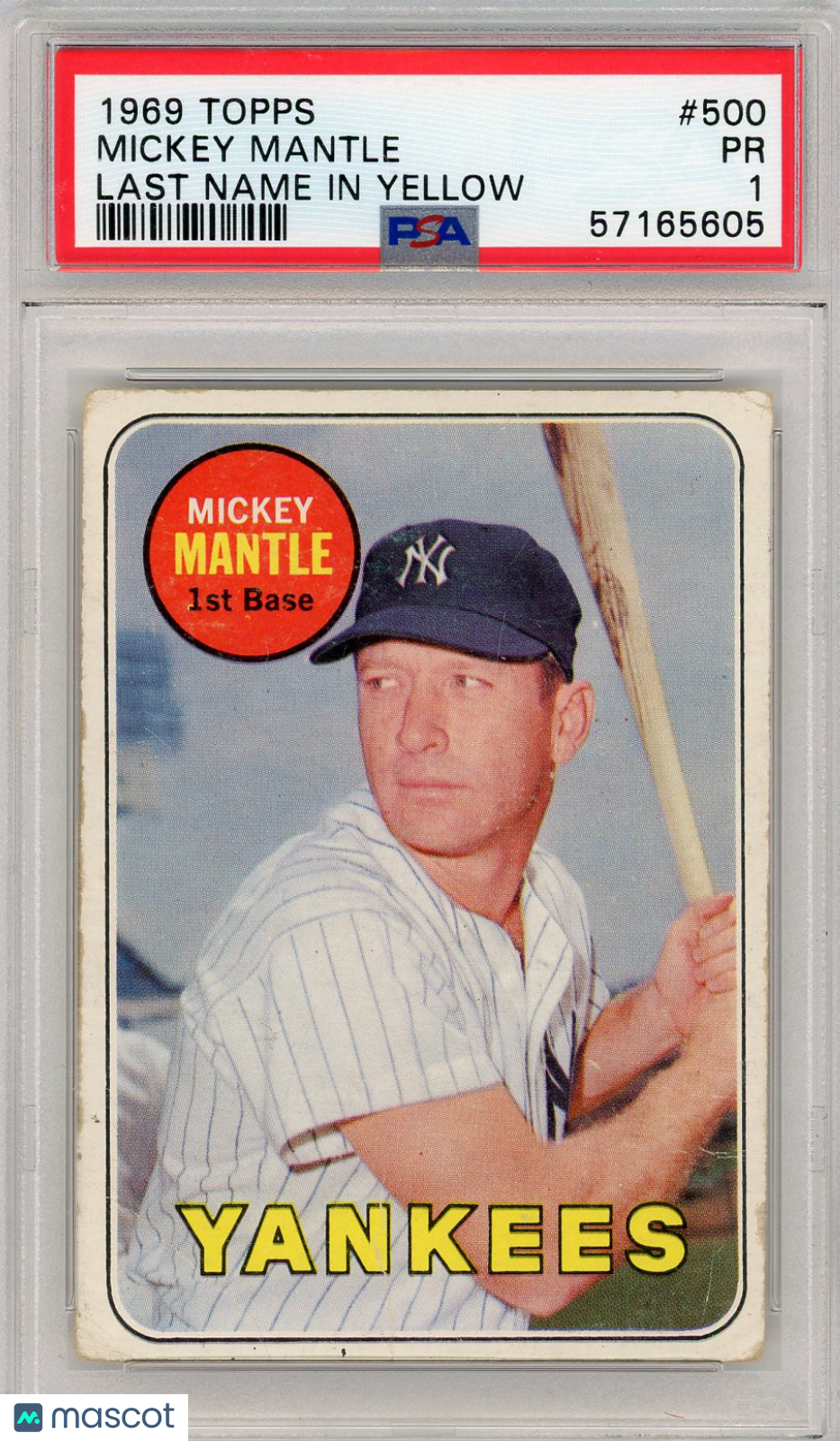 1969 Topps Mickey Mantle #500 Last Name In Yellow PSA 1