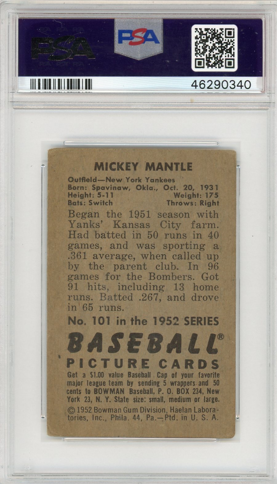 1952 Bowman Mickey Mantle #101 PSA 2 MC