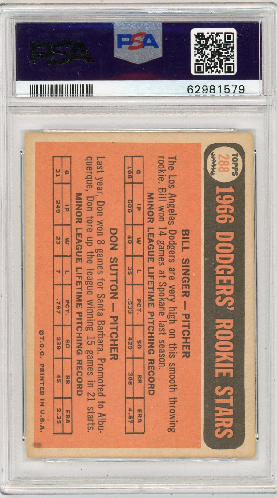 1966 Topps Dodgers Rookies #288 B. Singer D. Sutton PSA 7