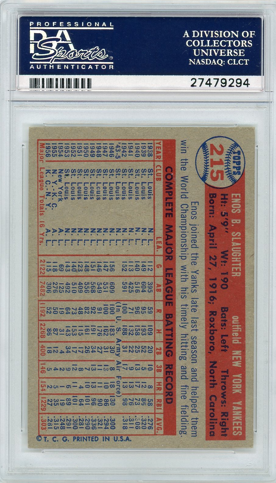 1957 Topps Enos Slaughter #215 PSA 7