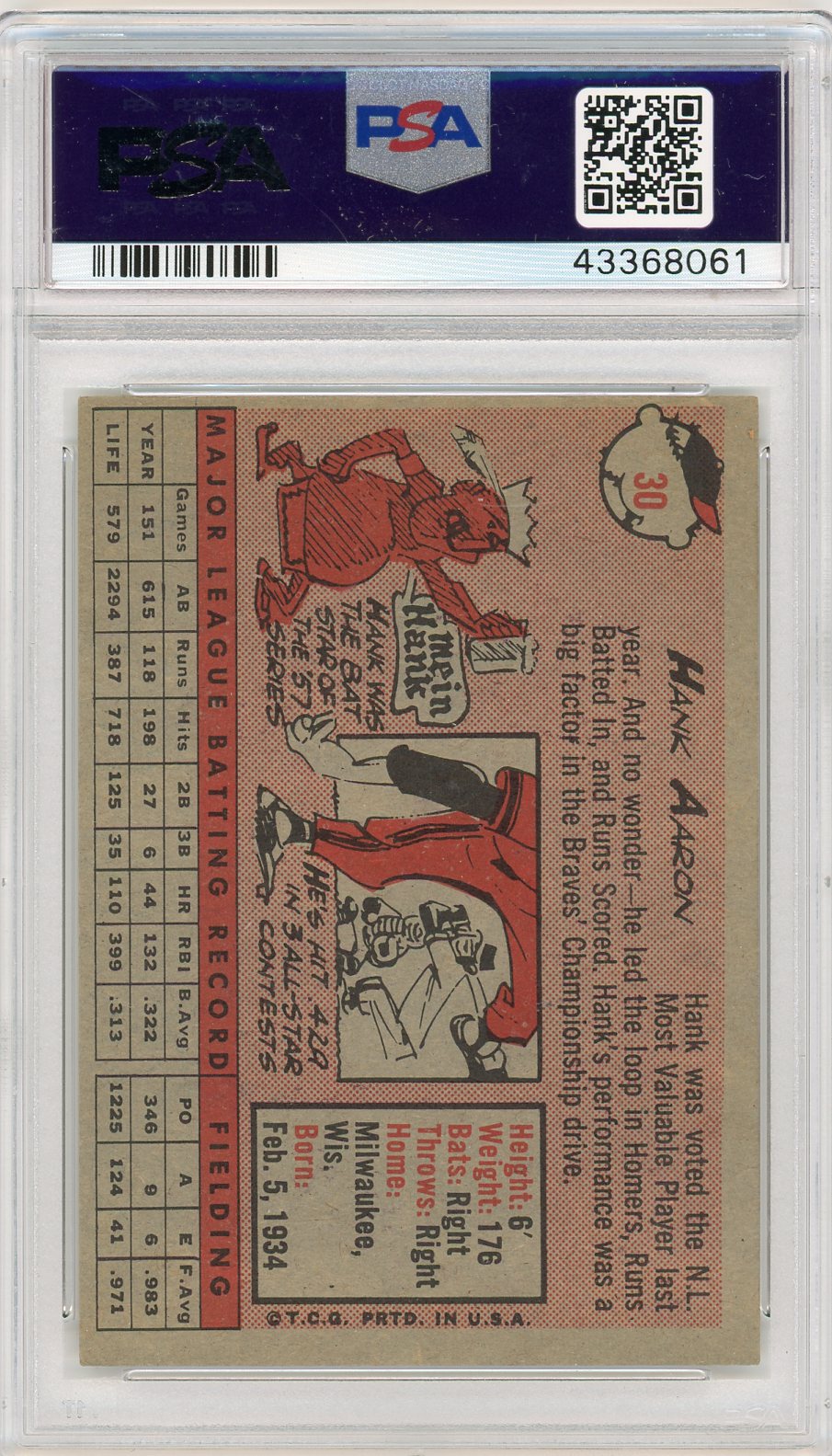 1958 Topps Hank Aaron #30 White Name PSA 5