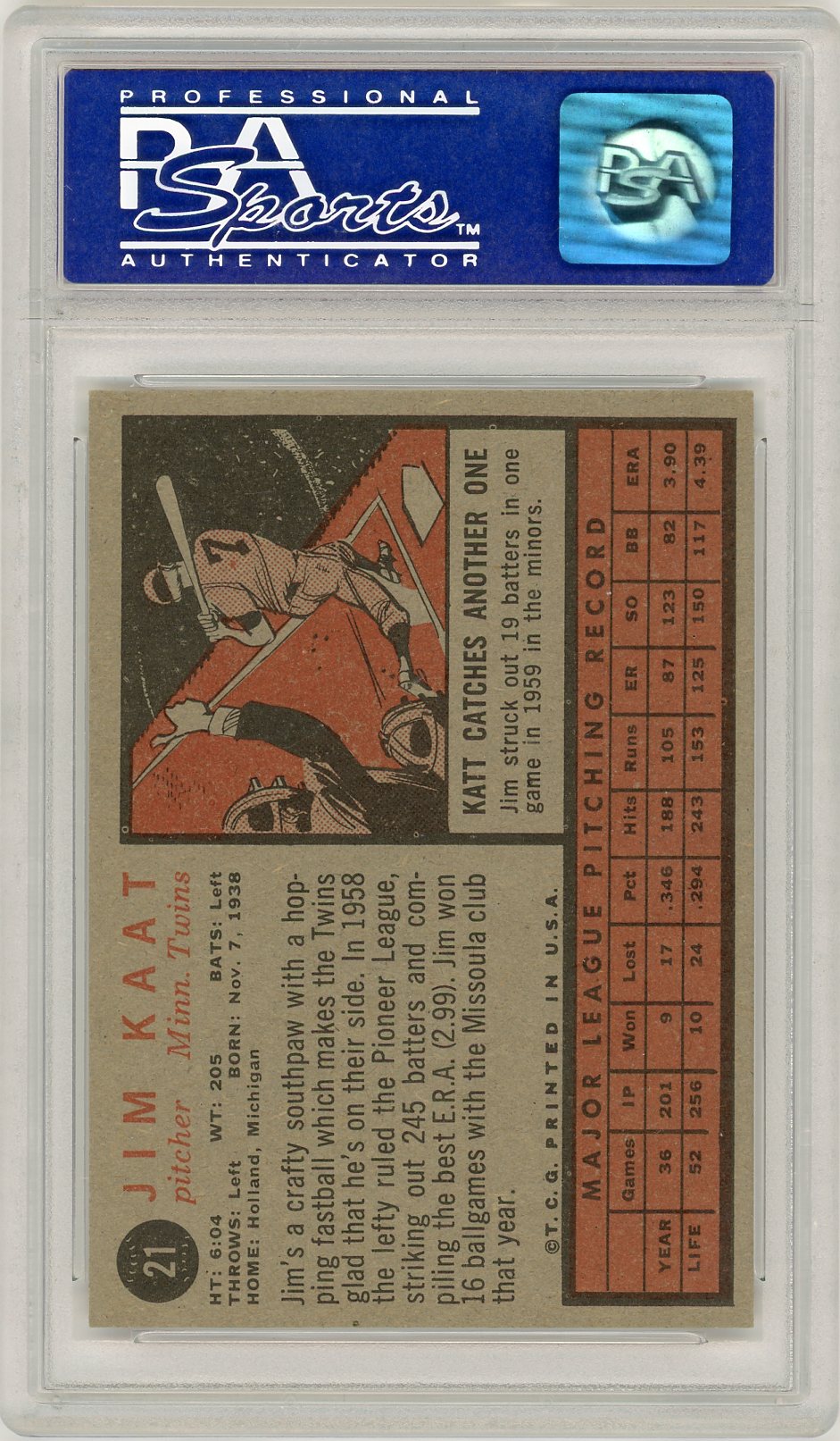 1962 Topps Jim Kaat #21 PSA 8