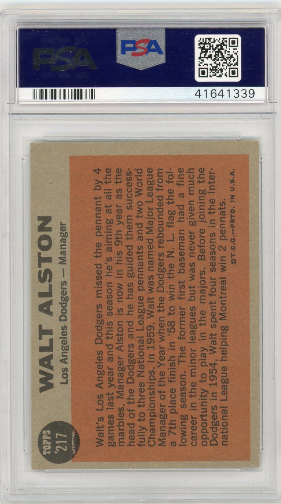 1962 Topps Walt Alston #217 PSA 8