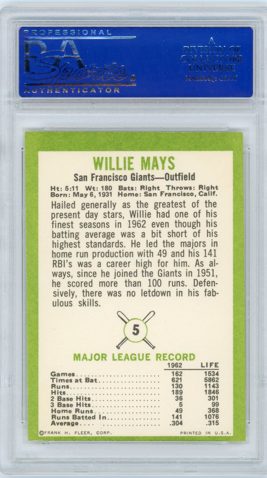 1963 Fleer Willie Mays #5 PSA 6