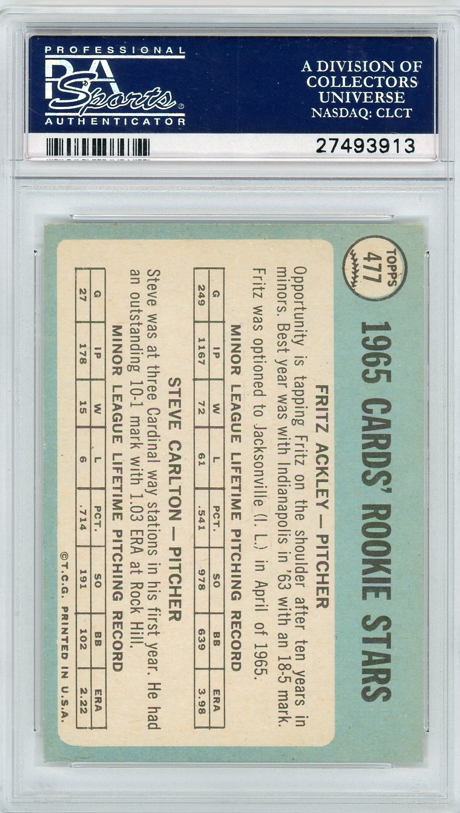 1965 Topps Cardinals Rookies #477 F. Ackley S. Carlton PSA 6