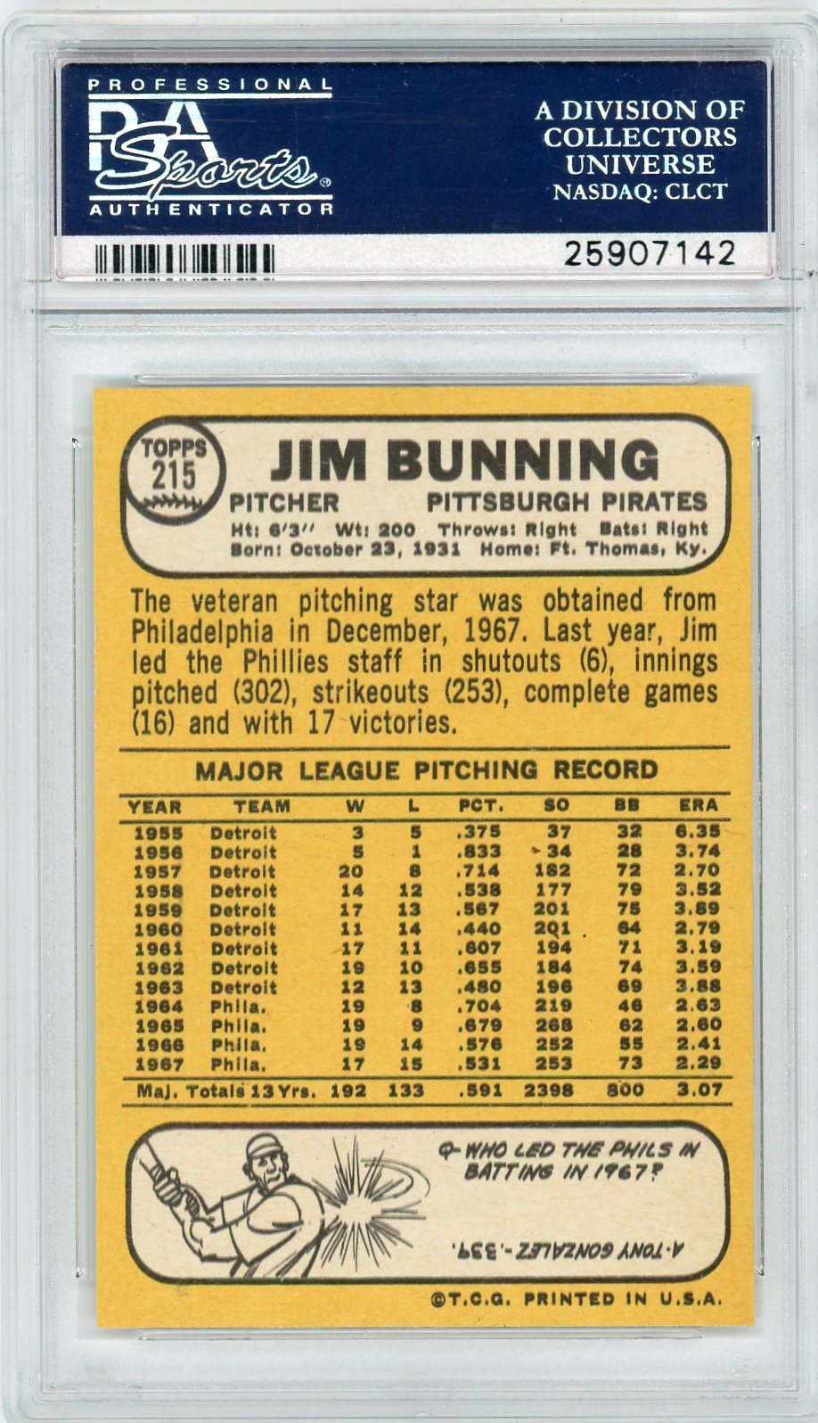 1968 Topps Jim Bunning #215 PSA 9