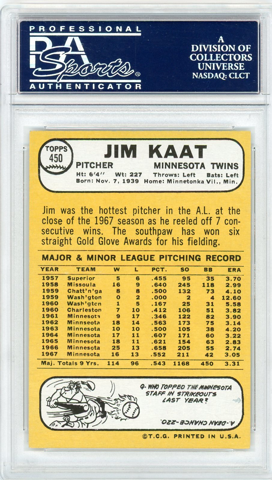 1968 Topps Jim Kaat #450 PSA 9