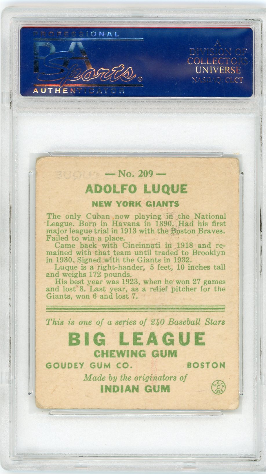 1933 Goudey Adolfo Luque #209 PSA 3