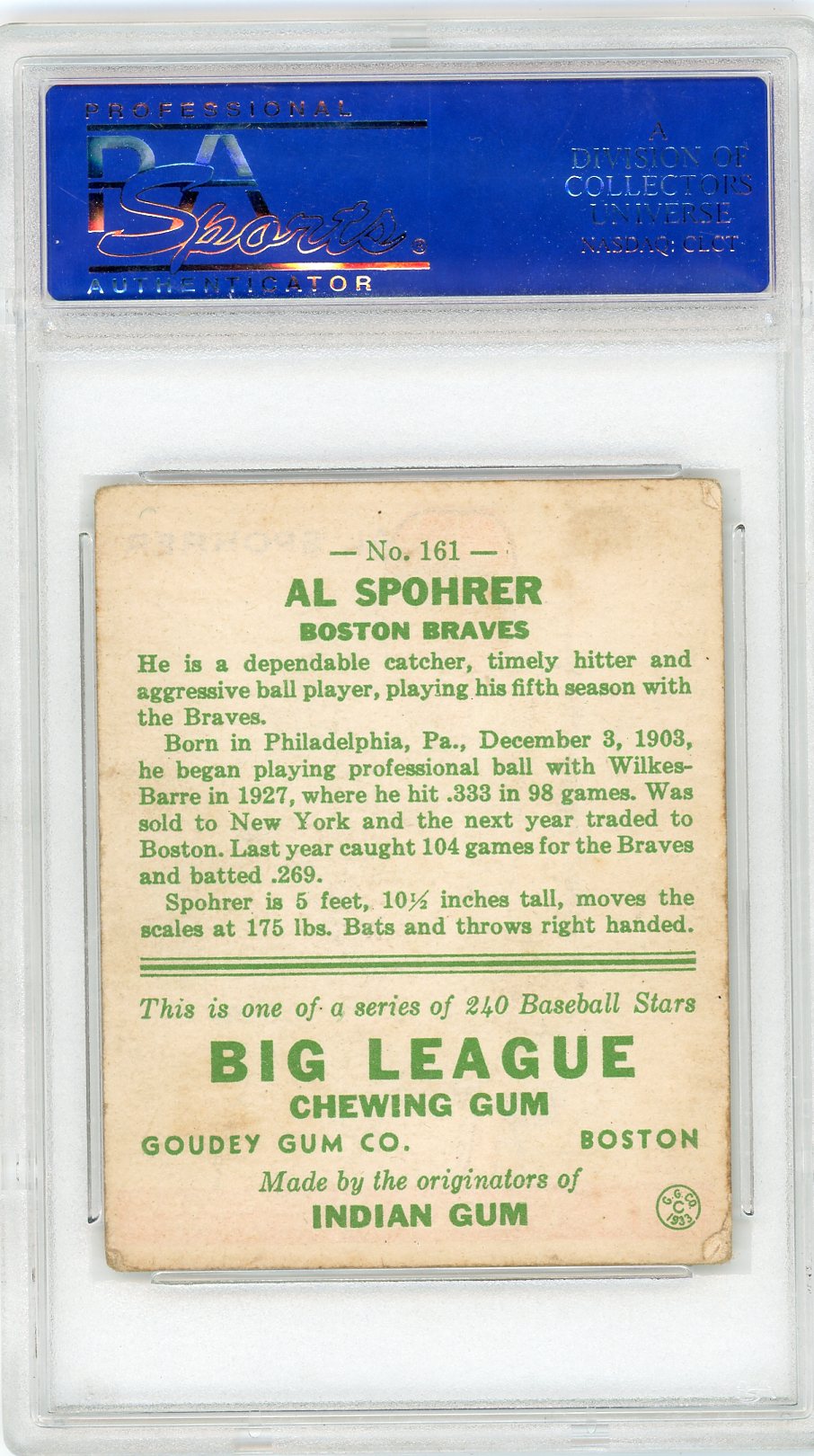 1933 Goudey Al Spohrer #161 PSA 3