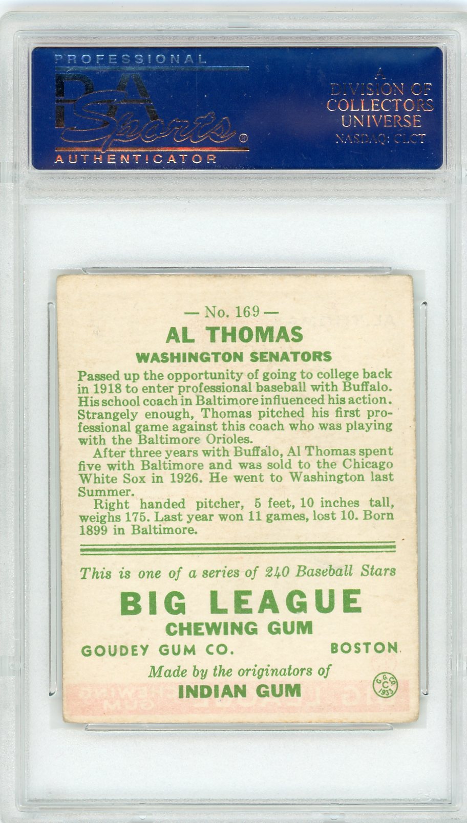 1933 Goudey Al Thomas #169 PSA 3