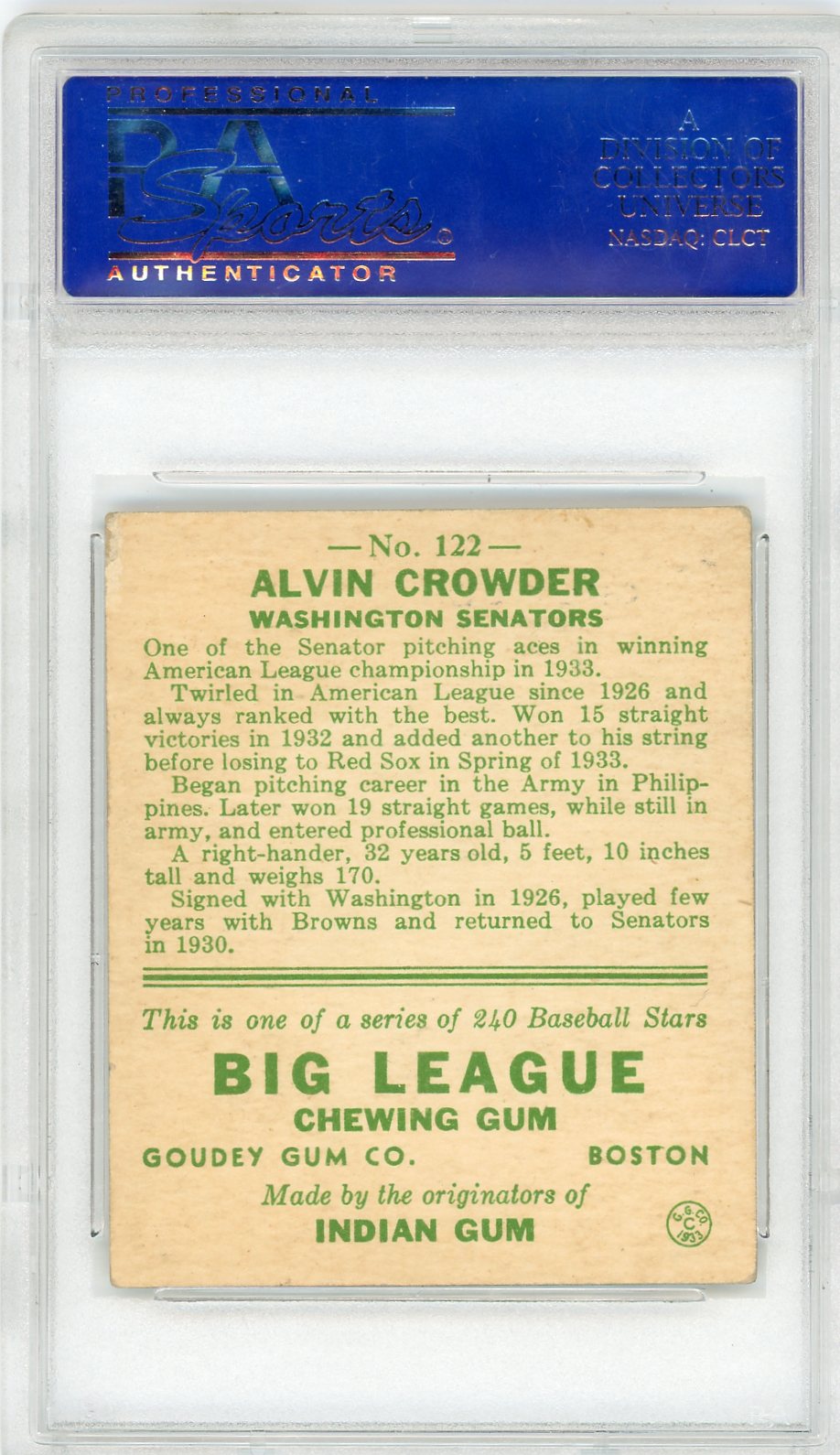 1933 Goudey Alvin Crowder #122 PSA 4