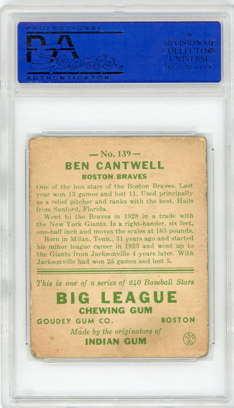 1933 Goudey Ben Cantwell #139 PSA 3