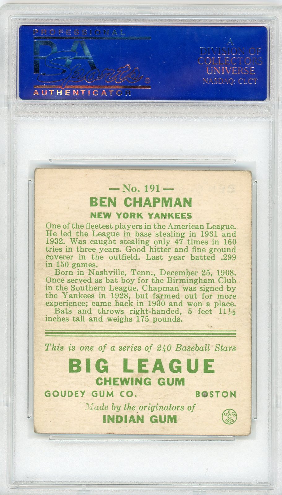 1933 Goudey Ben Chapman #191 PSA 4