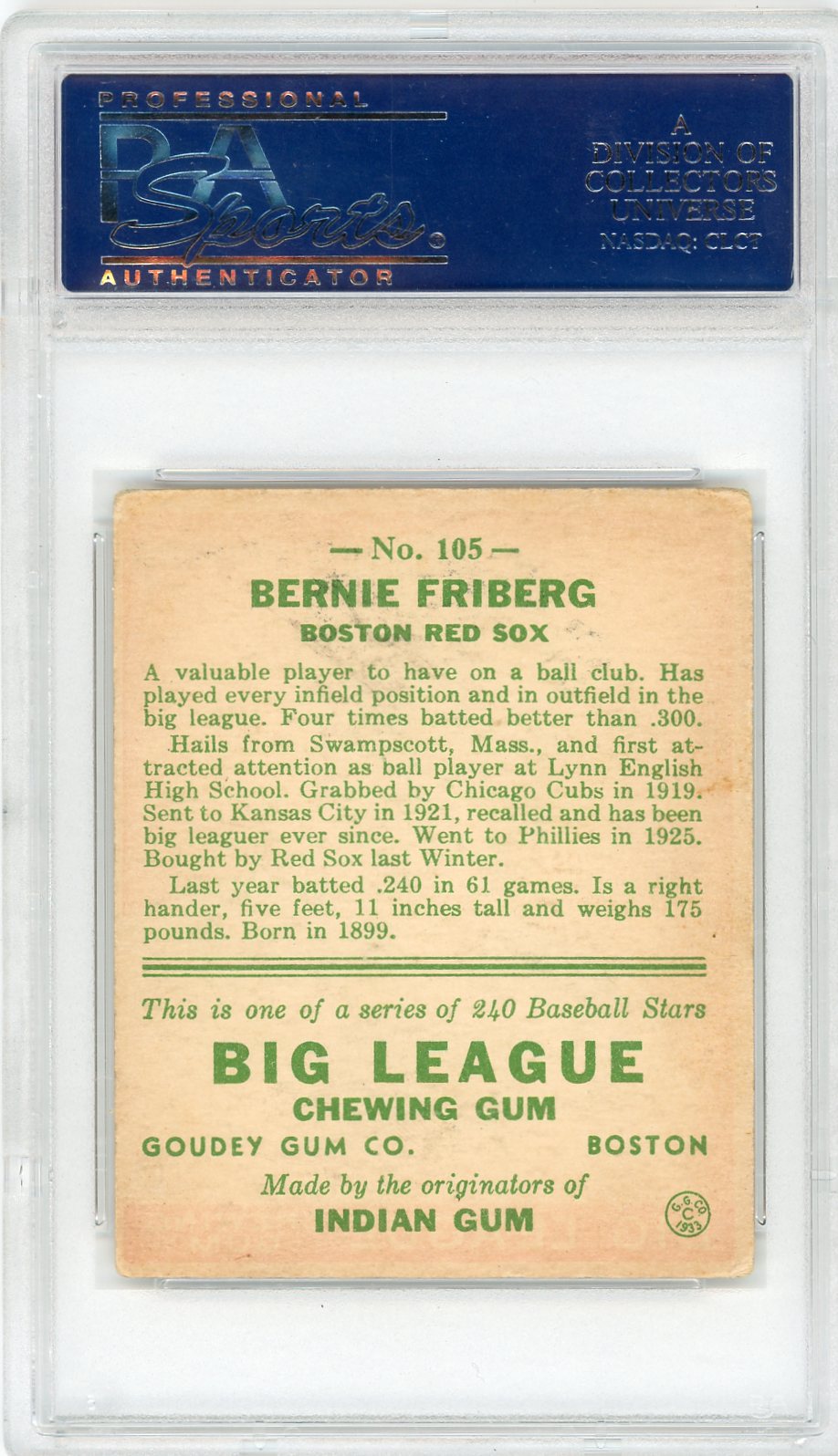 1933 Goudey Bernie Friberg #105 PSA 4